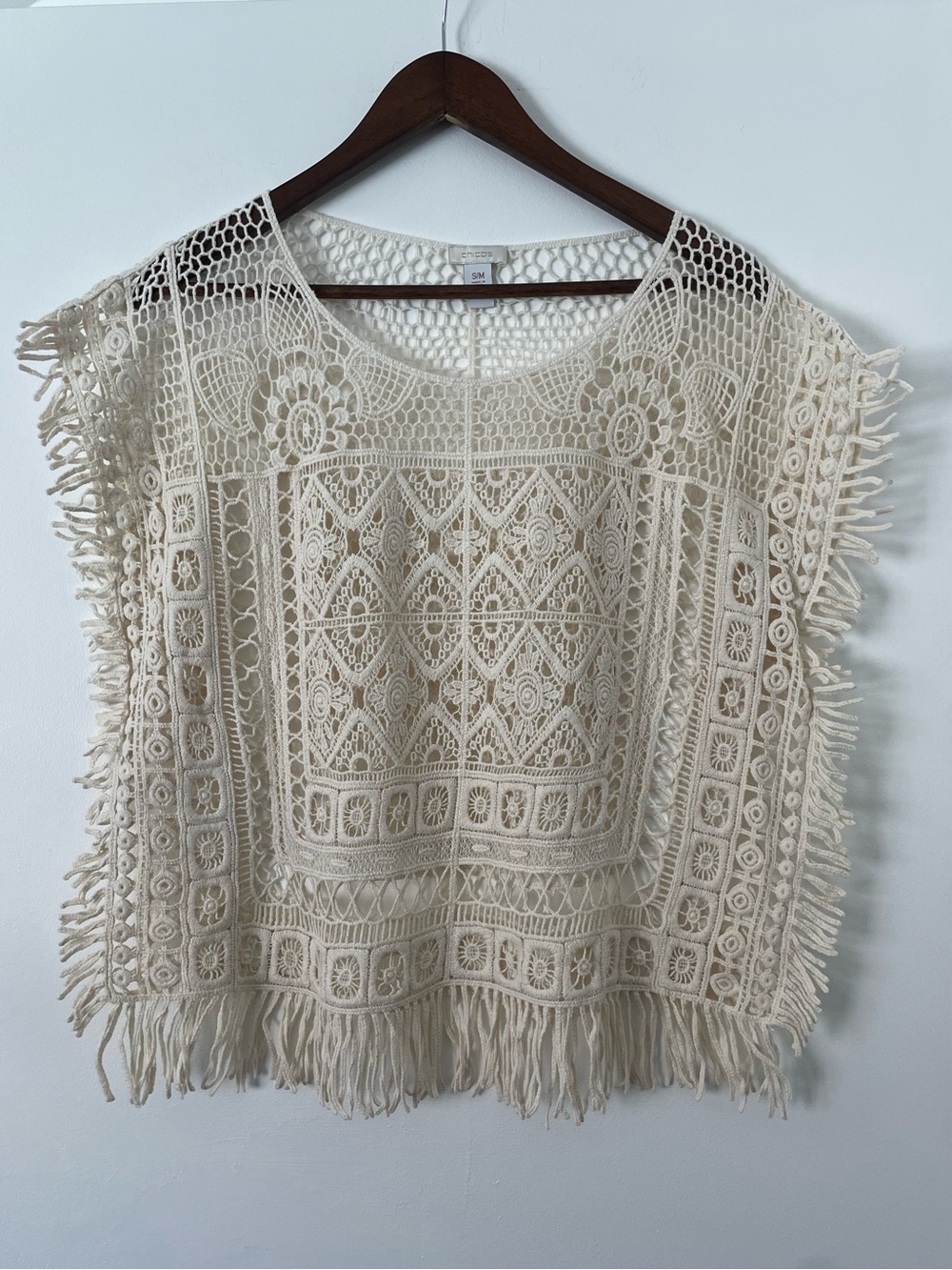 Chico's Womens S/M Crochet Top Ivory Cotton Fringe Boho Beach Festival Coastal